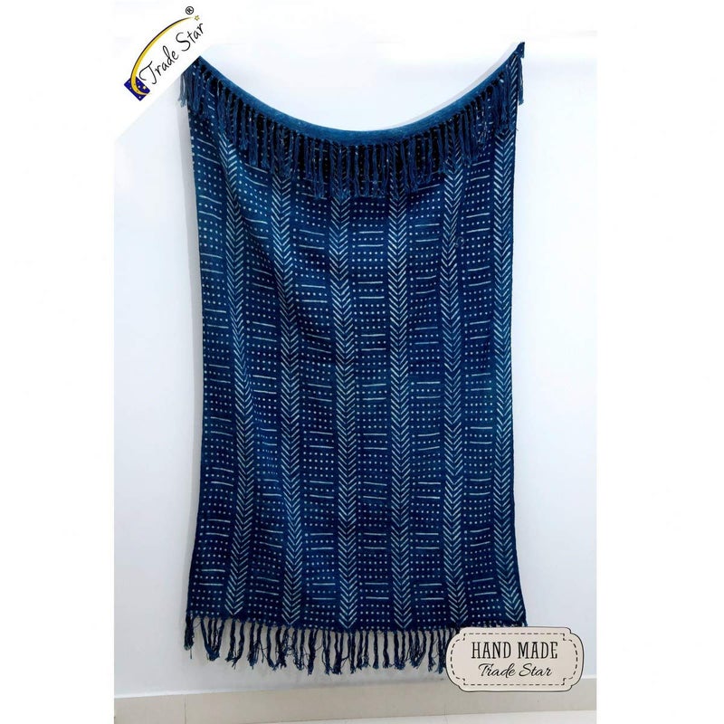 Trade Star Handloomed Ethnic Indigo Mudcloth Throw Pure Cotton Throw Blanket Hand Block Print Blanket with Tassels Indian Blanket for Home Decor (Pattern 9) - Image 1
